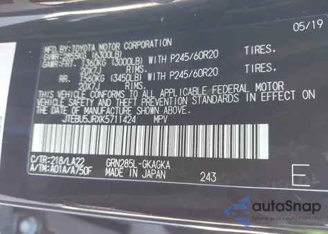 2019 Toyota 4Runner Limited z USA, uszkodzony, nr VIN JTEBU5JRXK5711424